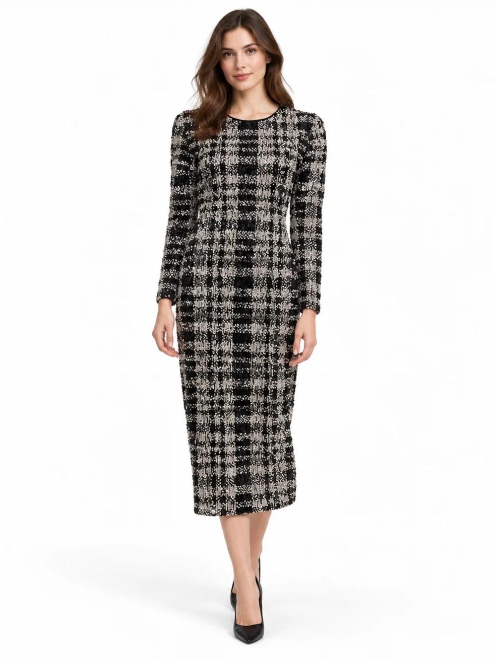 Le Superbe B/W Sequin Long Sleeve Midi Dress Size M